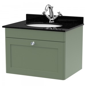 Classique 600mm Wall Hung 1 Drawer Unit & 1 Tap Hole Marble Top with Oval Basin - Satin Green/Black Sparkle