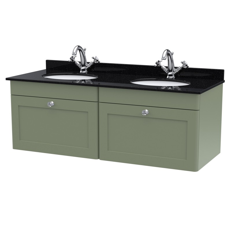 Classique 1200mm Wall Hung 2 Drawer Unit & 1 Tap Hole Marble Top with Oval Basin - Satin Green/Black Sparkle