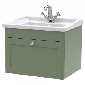 Classique 600mm Wall Hung 1 Drawer Unit & 1 Tap Hole Fireclay Basin - Satin Green