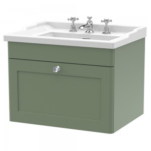 Classique 600mm Wall Hung 1 Drawer Unit & 3 Tap Hole Fireclay Basin - Satin Green