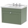 Classique 600mm Wall Hung 1 Drawer Unit & 3 Tap Hole Fireclay Basin - Satin Green