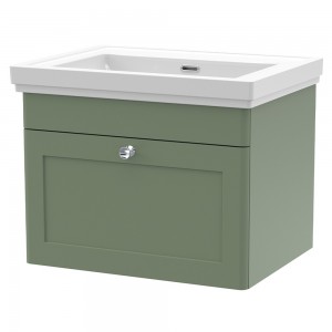 Classique 600mm Wall Hung 1 Drawer Unit & 0 Tap Hole Fireclay Basin - Satin Green