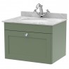 Classique 600mm Wall Hung 1 Drawer Unit & 1 Tap Hole Marble Top with Oval Basin - Satin Green/Bellato Grey