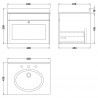 Classique 600mm Wall Hung 1 Drawer Unit & 3 Tap Hole Marble Top - Satin Green/Bellato Grey - Technical Drawing