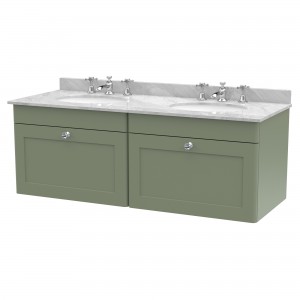 Classique 1200mm Wall Hung 2 Drawer Unit & 3 Tap Hole Marble Top with Oval Basin - Satin Green/Bellato Grey