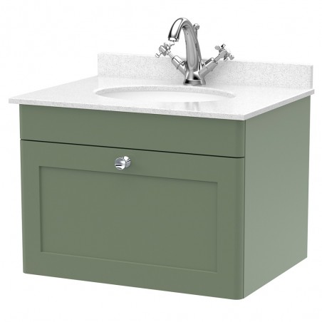 Classique 600mm Wall Hung 1 Drawer Unit & 1 Tap Hole Marble Top with Oval Basin - Satin Green/White Sparkle