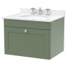 Classique 600mm Wall Hung 1 Drawer Unit & 3 Tap Hole Marble Top with Oval Basin - Satin Green/White Sparkle