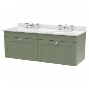 Classique 1200mm Wall Hung 2 Drawer Unit & 3 Tap Hole Marble Top with Oval Basin - Satin Green/White Sparkle