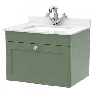 Classique 600mm Wall Hung 1 Drawer Unit & 1 Tap Hole Marble Top with Square Basin - Satin Green/White Sparkle