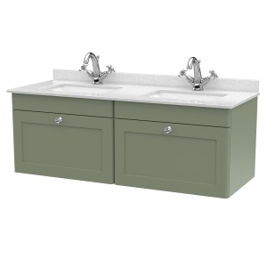 Classique 1200mm Wall Hung 2 Drawer Unit & 1 Tap Hole Marble Top with Square Basin - Satin Green/White Sparkle