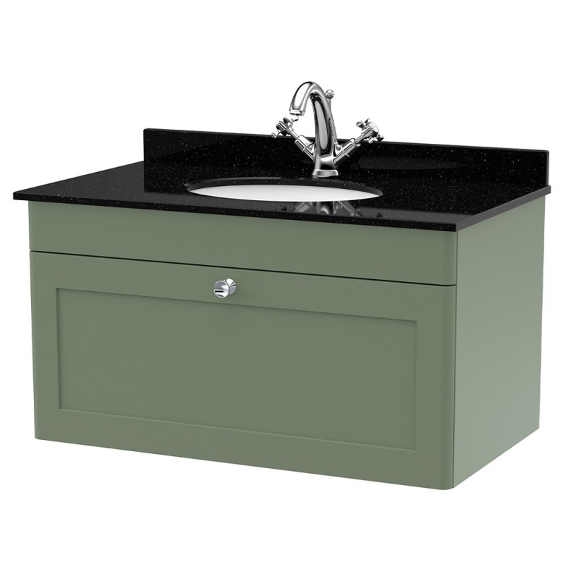 Classique 800mm Wall Hung 1 Drawer Unit & 1 Tap Hole Marble Top with Oval Basin - Satin Green/Black Sparkle