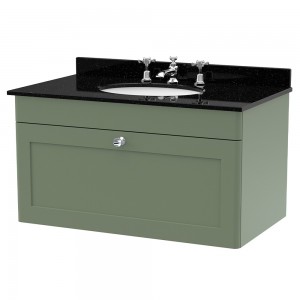 Classique 800mm Wall Hung 1 Drawer Unit & 3 Tap Hole Marble Top with Oval Basin - Satin Green/Black Sparkle
