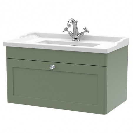 Classique 800mm Wall Hung 1 Drawer Unit & 1 Tap Hole Fireclay Basin - Satin Green