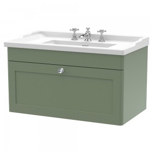 Classique 800mm Wall Hung 1 Drawer Unit & 3 Tap Hole Fireclay Basin - Satin Green