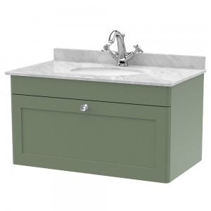 Classique 800mm Wall Hung 1 Drawer Unit & 1 Tap Hole Marble Top with Oval Basin - Satin Green/Bellato Grey