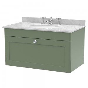 Classique 800mm Wall Hung 1 Drawer Unit & 3 Tap Hole Marble Top with Oval Basin - Satin Green/Bellato Grey