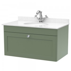 Classique 800mm Wall Hung 1 Drawer Unit & 1 Tap Hole Marble Top with Oval Basin - Satin Green/White Sparkle