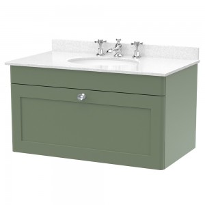 Classique 800mm Wall Hung 1 Drawer Unit & 3 Tap Hole Marble Top with Oval Basin - Satin Green/White Sparkle