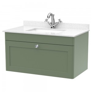 Classique 800mm Wall Hung 1 Drawer Unit & 1 Tap Hole Marble Top with Square Basin - Satin Green/White Sparkle