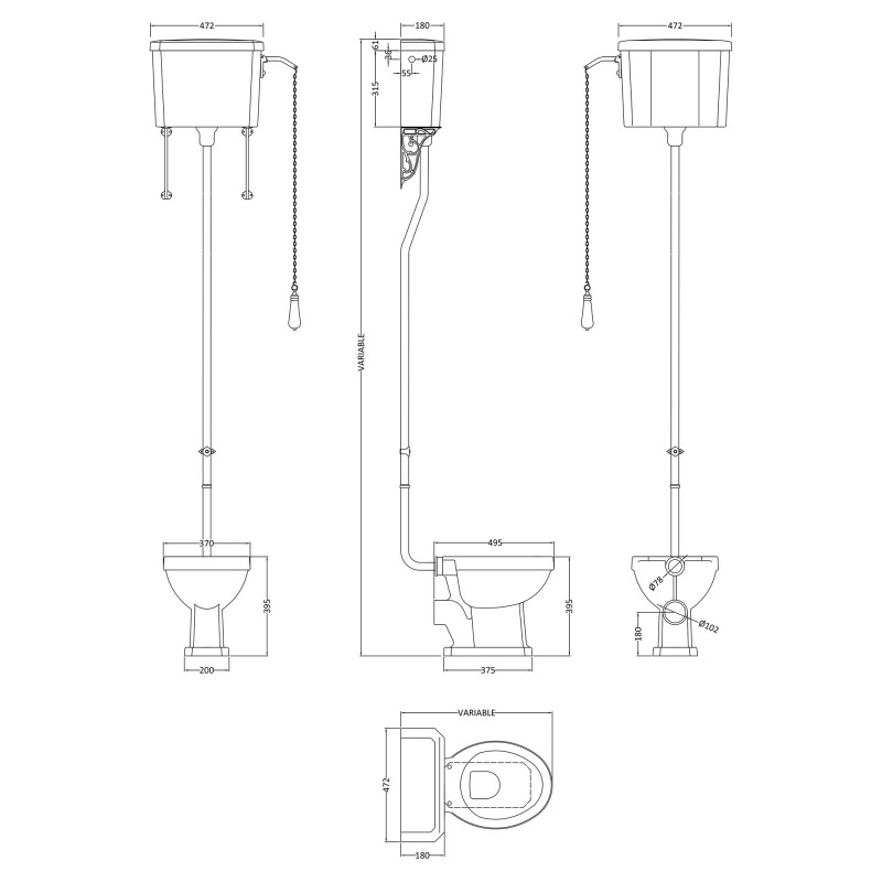 Carlton 465mm (w) x 2140mm (h) High Level Traditional Toilet Inc Flush Pipe Kit & Cistern - Technical Drawing