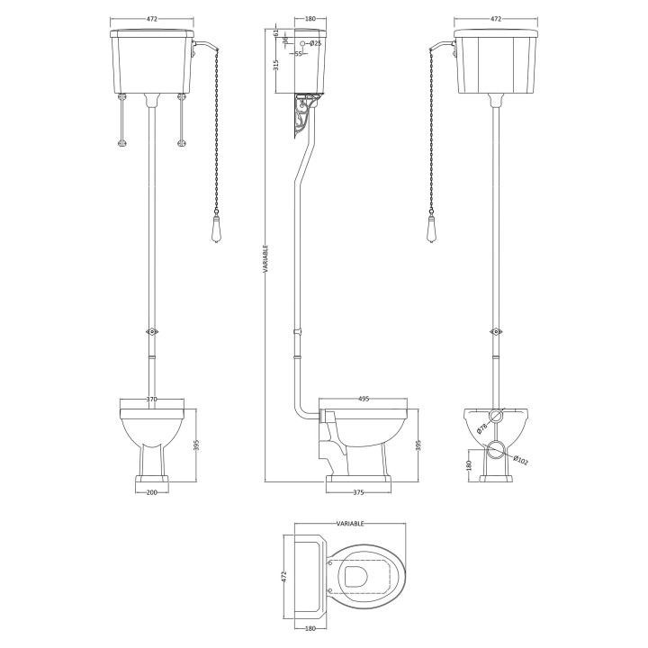 Carlton 465mm (w) x 2140mm (h) High Level Traditional Toilet Inc Flush Pipe Kit & Cistern - Technical Drawing