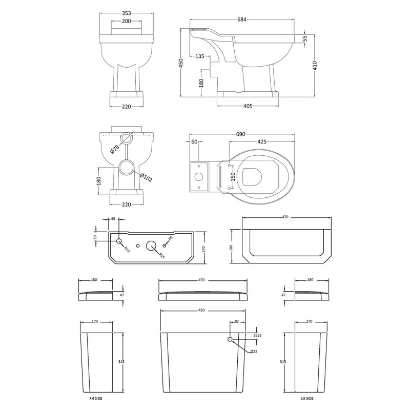 Carlton 470mm(W) x 820mm(H) Close Coupled Toilet Pan (Includes Cistern and Standard Toilet Seat) - Technical Drawing