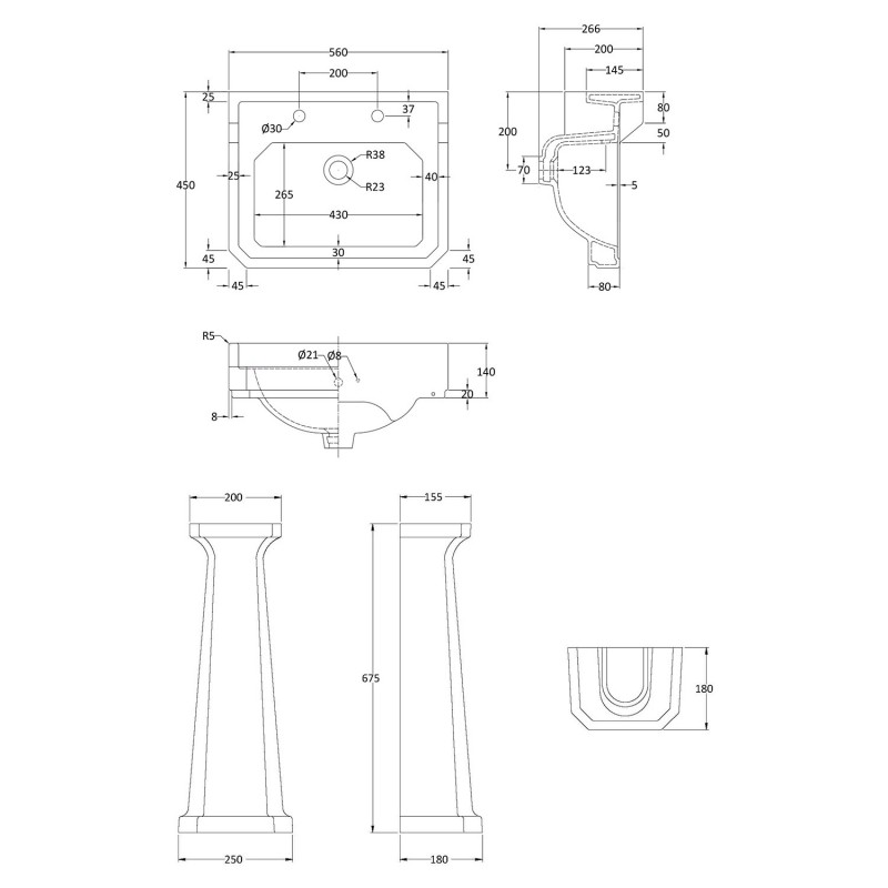 Carlton 560mm Basin & Pedestal (2 Tap Hole) - Technical Drawing