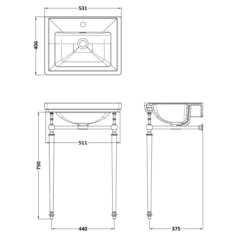 Carlton 500mm 1TH Basin With Traditional Stand - White - Technical Drawing