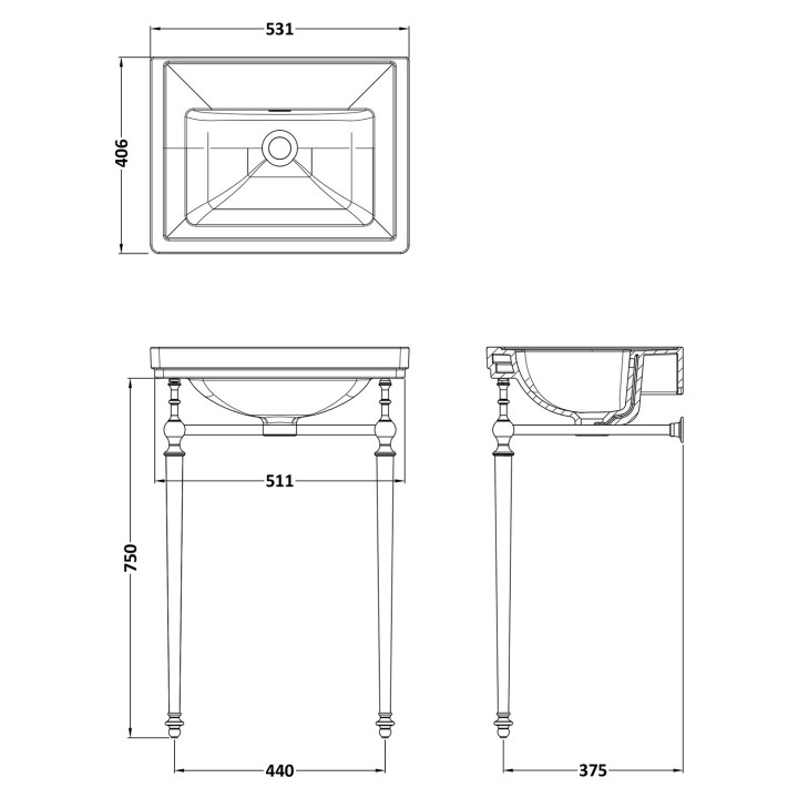 Carlton 500mm 0TH Basin With Traditional Stand - White - Technical Drawing