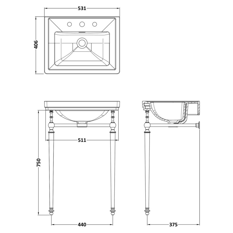 Carlton 500mm 3TH Basin With Traditional Stand - White - Technical Drawing