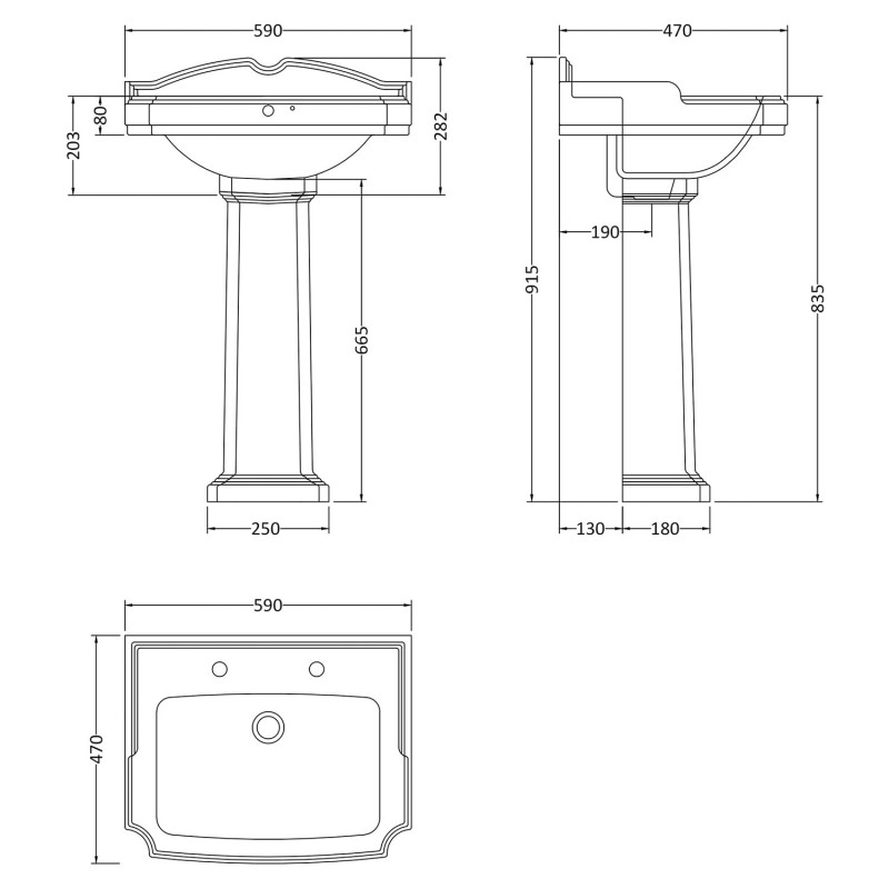 Legend 580mm 2 Tap Hole Basin & Pedestal - Technical Drawing