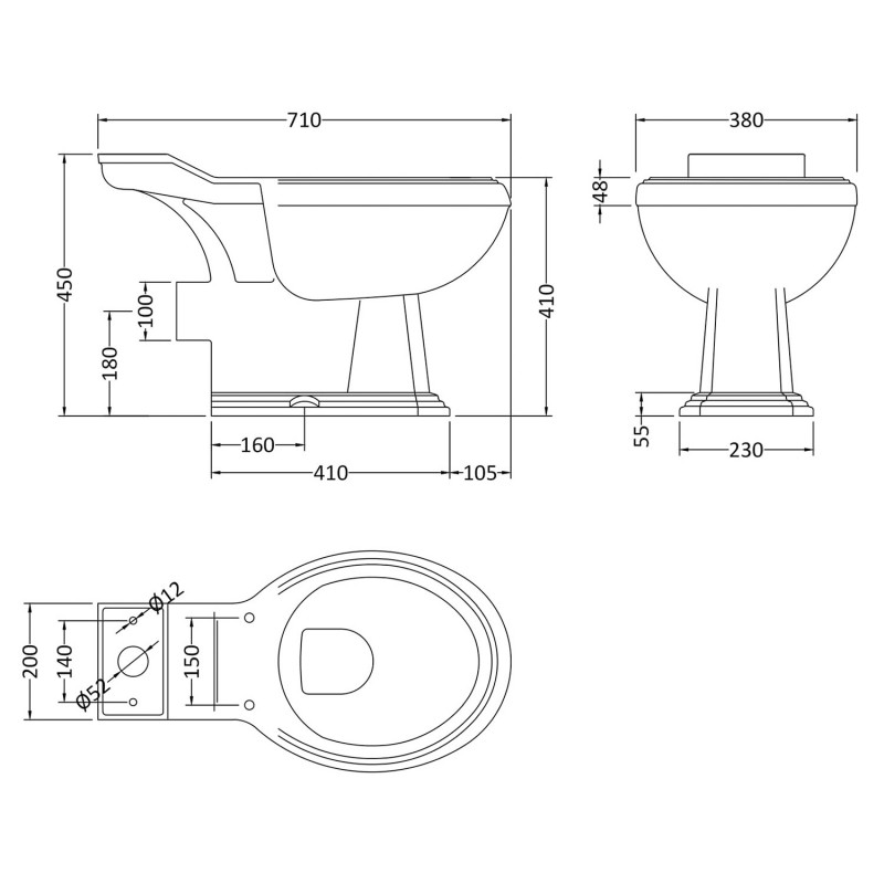 Legend 715mm(W) x 855mm(H) Close Coupled Toilet Pan (Includes Cistern and Toilet Seat) - Technical Drawing