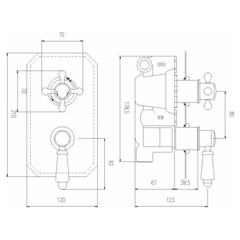 Victorian Twin Thermostatic Shower Valve - Technical Drawing