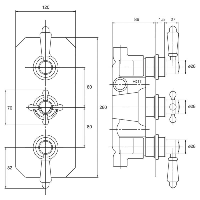 Victorian Triple Thermostatic Shower Valve - Technical Drawing