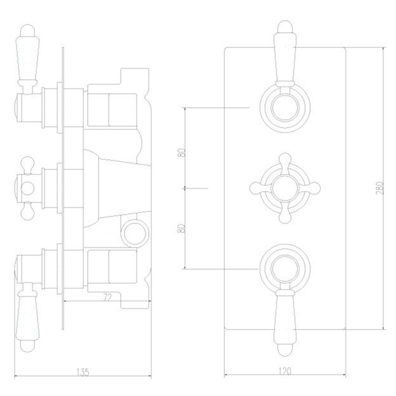 Victorian Triple Thermostatic Shower Valve - Technical Drawing