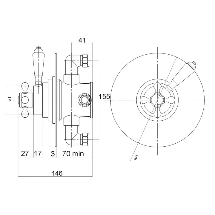 Victorian Dual Thermostatic Shower Valve - Technical Drawing