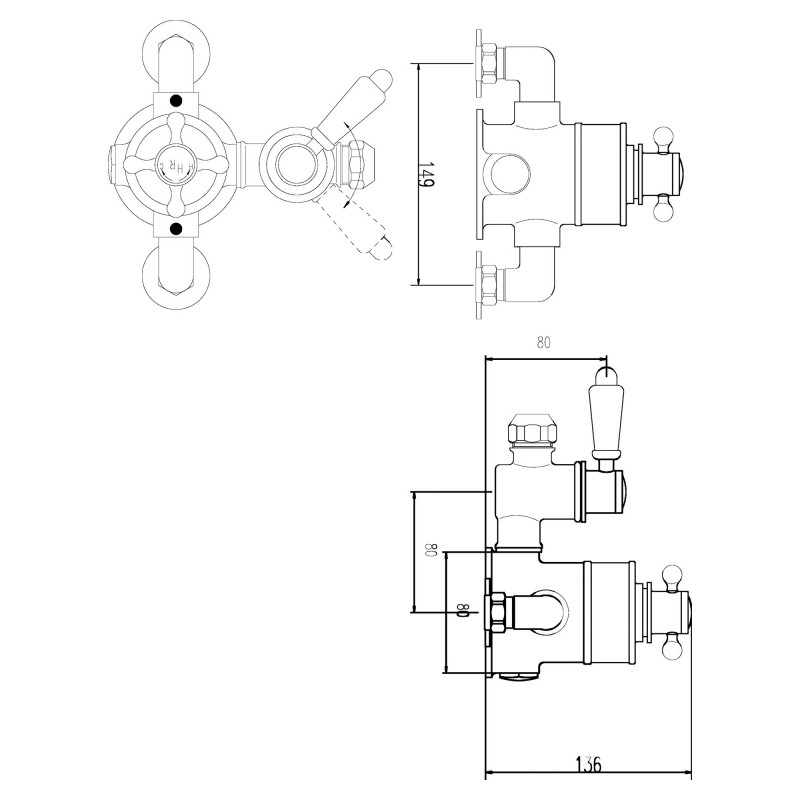 Victorian Twin Thermostatic Shower Valve - Technical Drawing