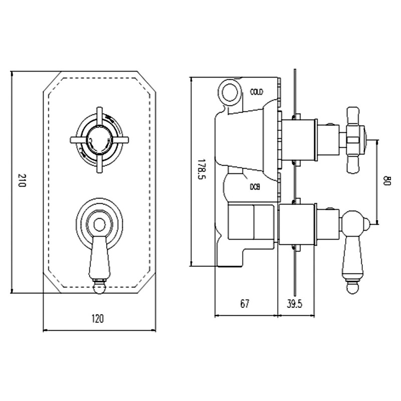 Edwardian Twin Thermostatic Shower Valve - Technical Drawing