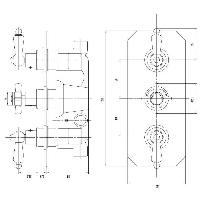 Edwardian Triple Thermostatic Shower Valve - Technical Drawing