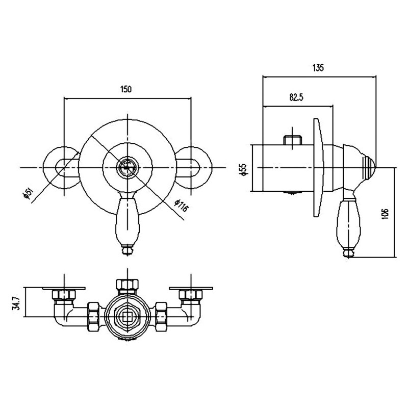 Edwardian Manual Shower Valve - Technical Drawing