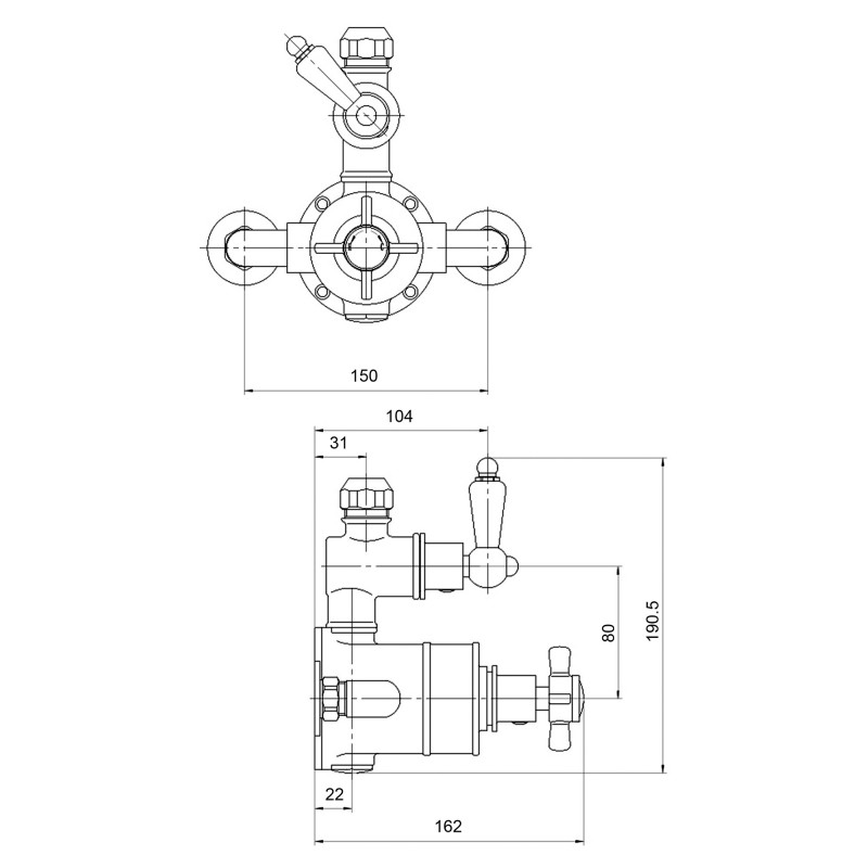 Edwardian Twin Thermostatic Shower Valve - Technical Drawing