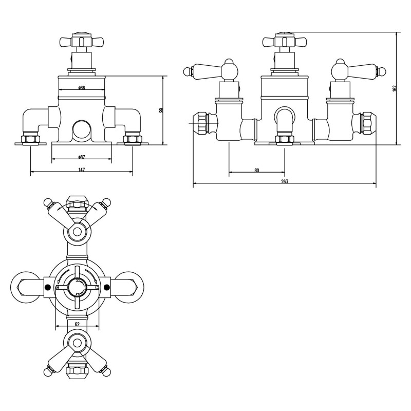 Edwardian Triple Thermostatic Shower Valve - Technical Drawing