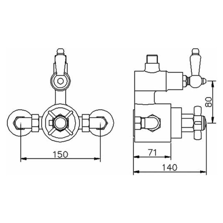 Edwardian Chrome Twin Thermostatic Shower Column Rigid Riser & Rainfall Shower Head - Technical Drawing