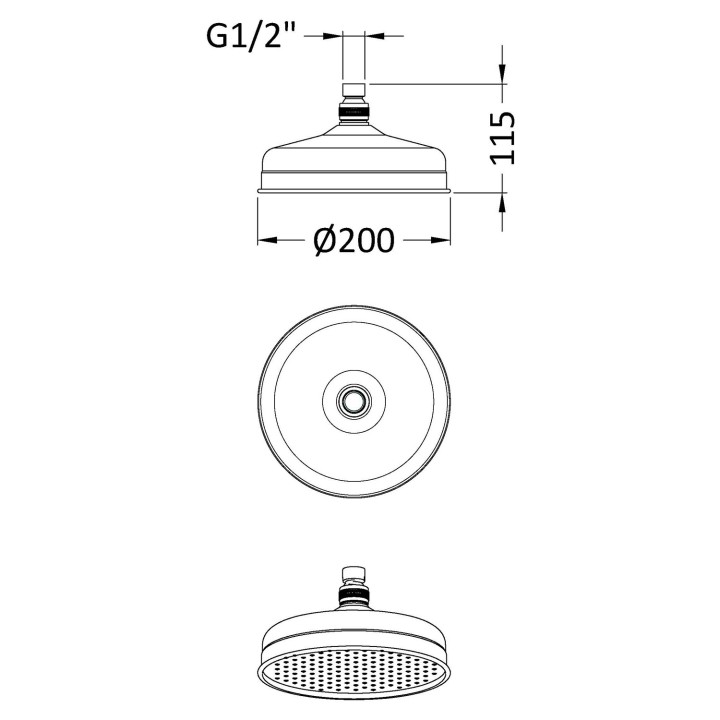 Chrome 195mm Round Fixed Shower Head - Technical Drawing