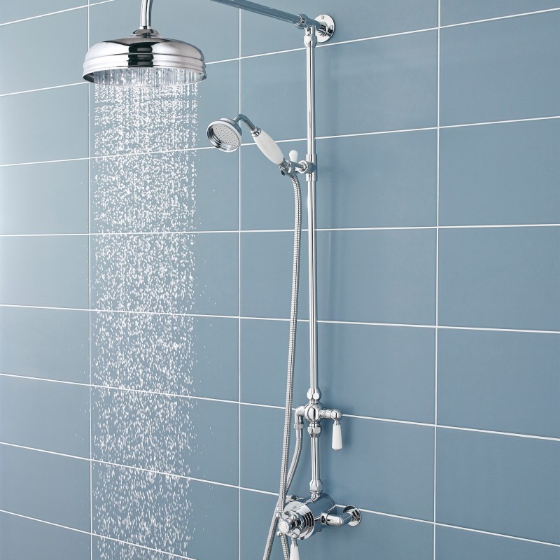 Victorian Chrome/White Shower Column Rigid Riser & Grand Rainfall Shower Head - Insitu