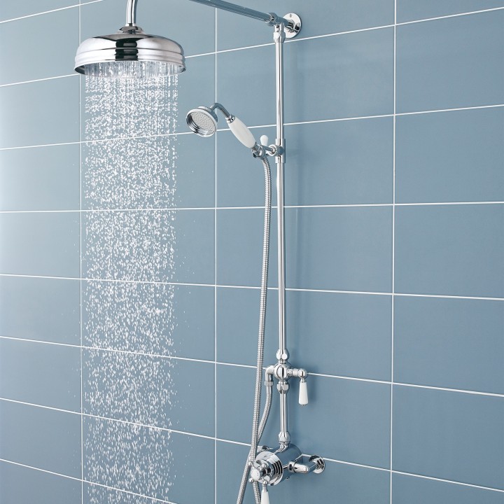 Victorian Chrome/White Shower Column Rigid Riser & Grand Rainfall Shower Head - Insitu