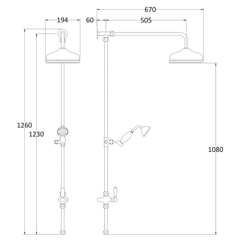 Victorian Chrome/White Shower Column Rigid Riser & Grand Rainfall Shower Head - Technical Drawing