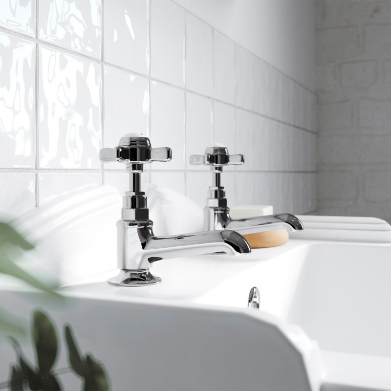 Beaumont Cross Head Hex Collar Hot & Cold Basin Taps - Insitu