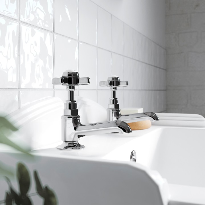 Beaumont Cross Head Hex Collar Hot & Cold Basin Taps - Insitu