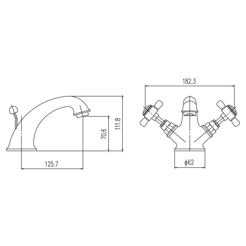 Beaumont Luxury Mono Basin Mixer Tap Dual Handle with Pop-up Waste - Technical Drawing